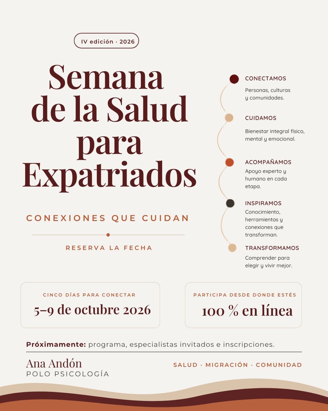 Cartel de la IV Semana de la Salud para Expatriados, del 5 al 9 de octubre de 2026 y cien por cien en línea